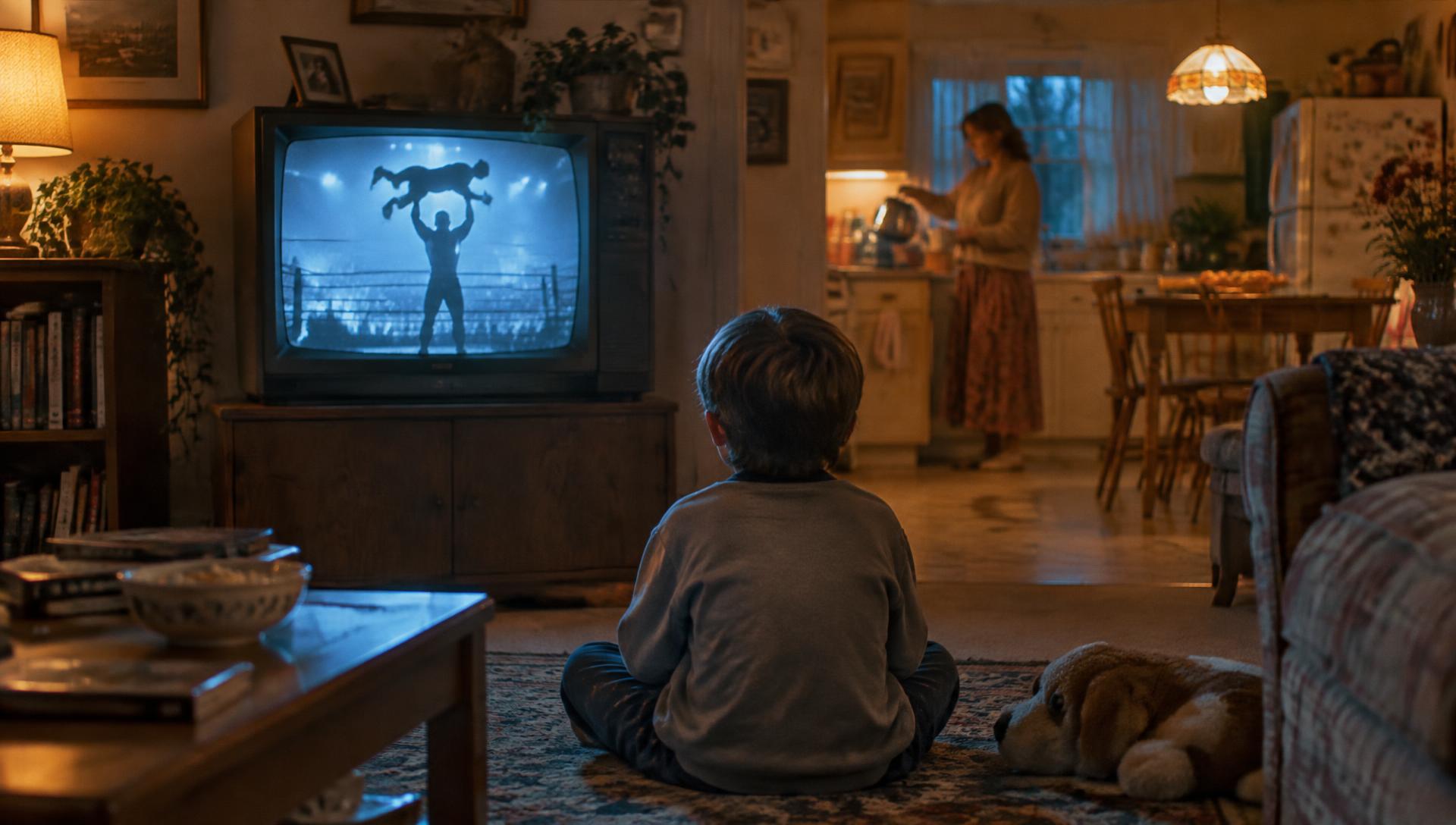 A child watching wrestling while his mother pours tea